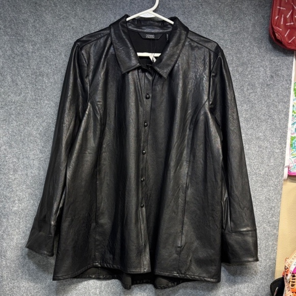 Dennis By Dennis Basso Black Faux Leather button down lined Jacket coat L